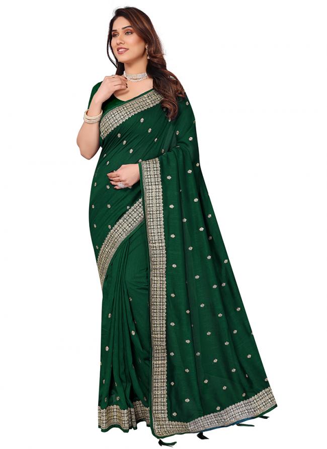 Vichitra Blooming Bottle Green Wedding Wear Zari Work Saree